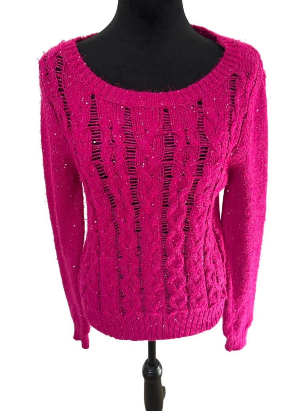 Aeropostale Sparkly Fuchsia Pink Sweater Women's M Long Sleeve Scoop Neck Y2k